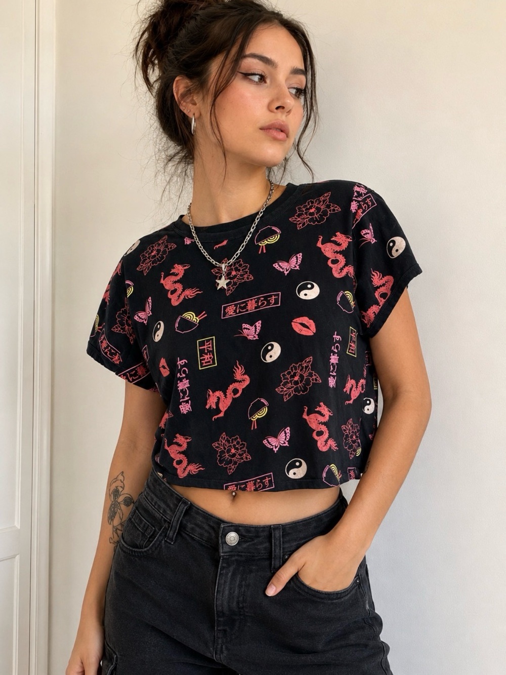 Black Cropped Graphic Tee with Pink Motifs